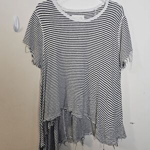 We The Free Short Sleeve Oversized Striped Assymetrical Tunic Linen Top Women's